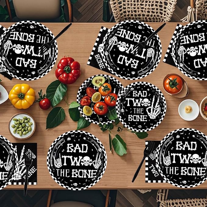96Pcs Bad Two The Bone Party Supplies Black White Rock 2nd Birthday Plates and Napkins Tableware Bone Skull Second Birthday Party Decoration for Boy Skeleton Rock And Roll Music Theme Favors Serve 24