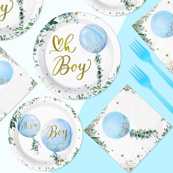 Grencian 96 PCS Boy Watercolor Blue Balloon Party Supplies Boys Plates and Napkins Disposable Greenery It's A Boy Baby Shower Tableware for Birthday Boys Baby Shower Decorations, Serves 24