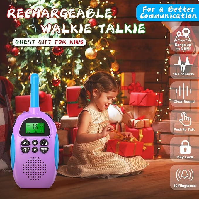 Walkie Talkies for Kids Adult, 2 Pack Rechargeable Kids Walkies Talkies, 3km Long Range, 22 Channels, Indoor Outdoor Toys for Camping, Hiking, Family Games, Toys for Boys Girls Ages 3-12
