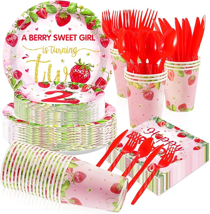 168Pcs Strawberry 2nd Birthday Party Decorations A Berry Sweet Girl is Turning Two Plates Napkins Cups Forks Knives Spoons Disposable Paper Tableware for Birthday Baby Shower Party Supplies Serves 24