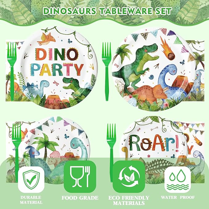 96 Pcs Dinosaur Plates and Napkins Tableware Set (Serves 24), Dinosaur Birthday Party Supplies Include Plates Napkins Plastic Forks for Kids Party Decorations