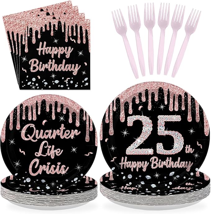 96 Pcs 25th Birthday Party Decorations Rose Gold and Black Happy 25th Birthday Paper Plates and Napkins Quarter Life Crisis Birthday Decorations for Women 25 Years Old Party Supplies Serves 24