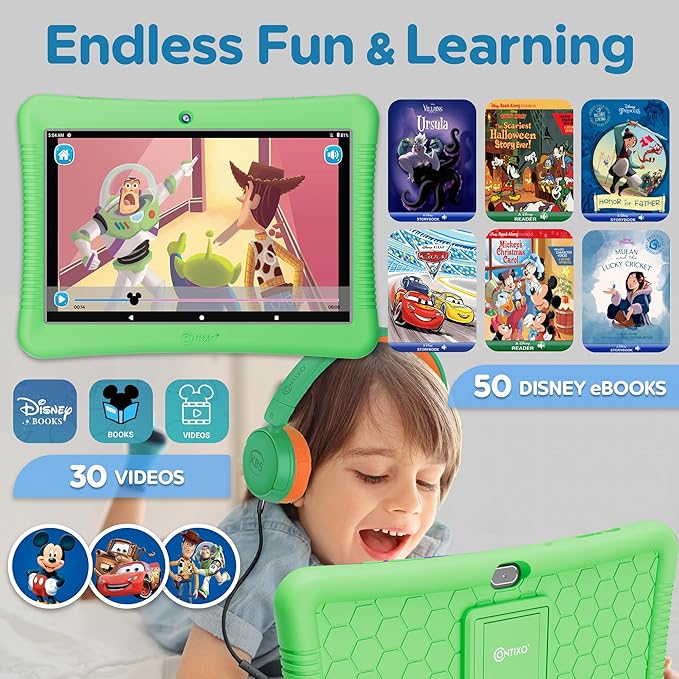 Contixo 10" Android Kids Tablet Bundle - 32GB, 80+ Disney Storybooks ($350 Value), Parental Controls, Kid-Proof Case w/Kickstand & Stylus, Headphones & Sleeve Bag - Green