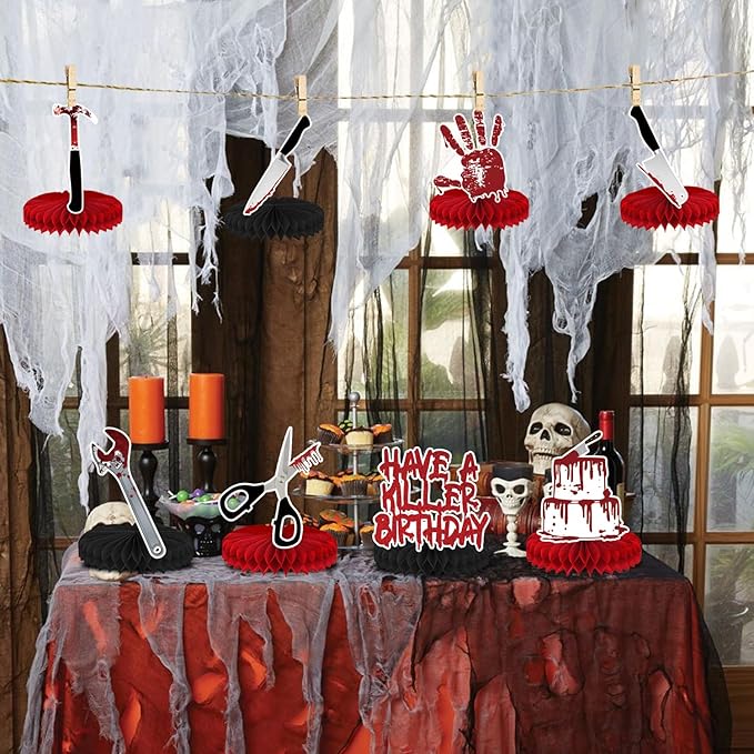 8 Pcs Have a Killer Birthday Party Decoration, Halloween Horror Theme Honeycomb Centerpieces 3D Double Sided Table Decorations for Bloody Horror Movie Birthday Party Supplies Decor