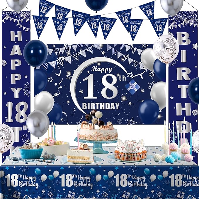 18th Birthday Decorations for Boys and Girls Blue, Happy 18th Birthday Door Backdrop Banner Balloons 18 Years Old Birthday Porch Sign Party Supplies with Latex Balloons Decor 18th Bday Boy Her Him