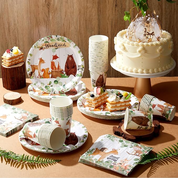 Hushee 200 Pcs Woodland Baby Shower Paper Plates Cups Napkins Woodland Animals Themed Gender Reveal Party Supplies Tableware Set Disposable Cup Napkin for 50 Guest Party Decoration