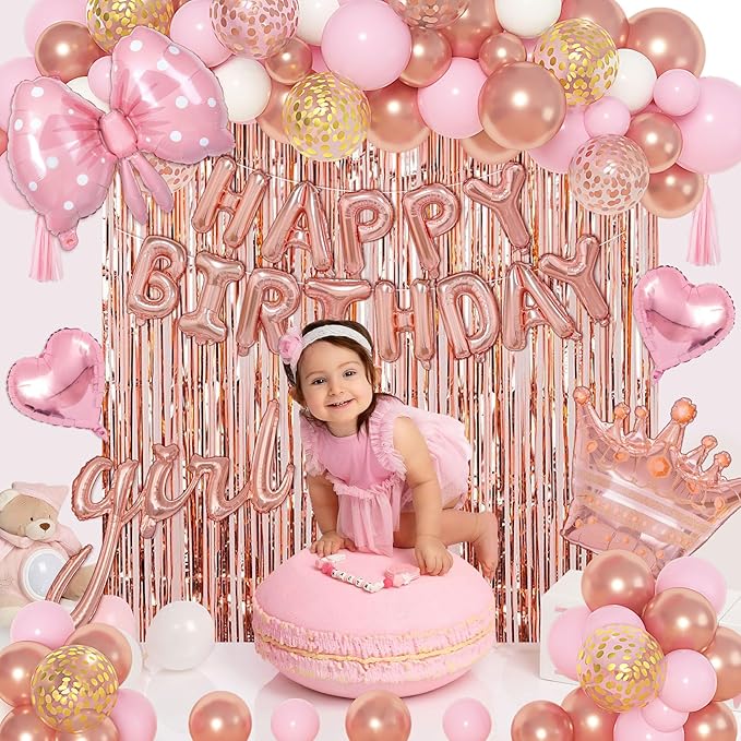 Ouddy Life Rose Gold Birthday Decorations for Women Girls, Happy Birthday Champagne Bottle Crown Heart Bow Foil Confetti Balloons Fringe Curtains Paper Tassel for 16th 18th 21st 24th Birthday Decor