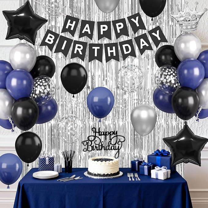 Navy Blue and Black Happy Birthday Decorations for Men, Birthday Decorations Supplies with Blue Black Balloon Banner Fringe Curtains Foil Balloons Cake Topper for Men Boys Party Decor