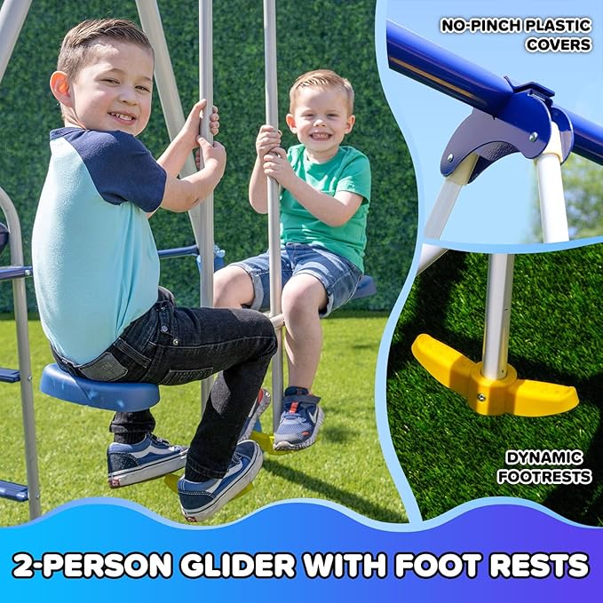 Sportspower Super 9 Metal Swing Set for Outdoor Backyard Play: Teeter Totter, Glide Ride, Roman Glider, Standing Swing, Trapeze, 5ft Slide, Anchor Kit, 7.5' D × 17.1' W × 6.1' H