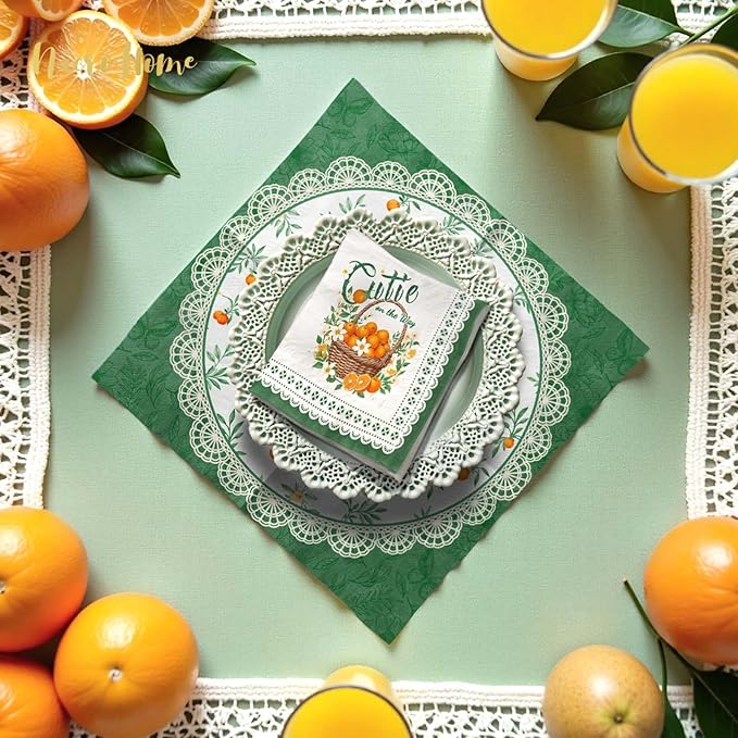 Little Cutie Baby Shower Party Supplies, 24 PCS Little Cutie Napkins Green Orange Fruit Theme Paper Napkins for Citrus Birthday Party Baby Shower Spring Summer Christmas Dinner Decoration
