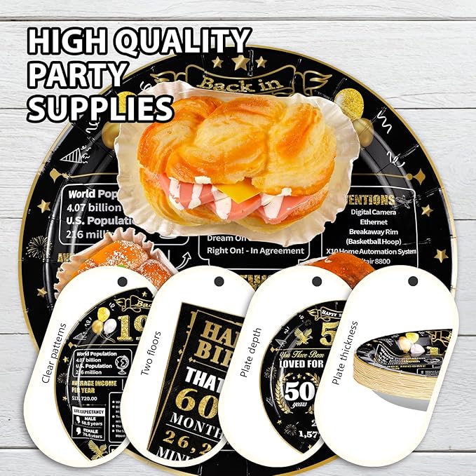 Grencian 96 Pcs 50th Birthday Plates and Napkins Tableware Set Disposable Black and Gold Back in 1975 50th Birthday Decorations for Men Vintage 50 Years Anniversary 1975 birthday Decorations Serves 24