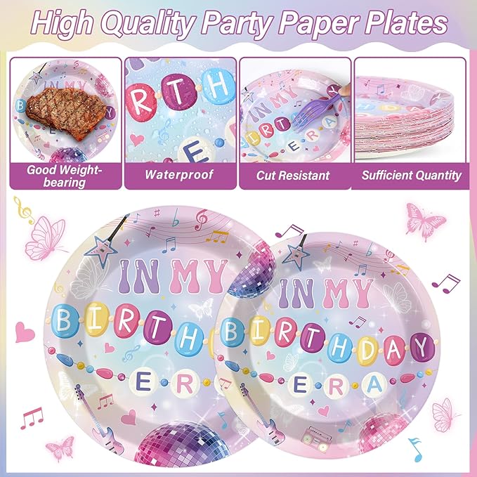 OBUSATT 96 Pcs In My Birthday Era Music Friendship Birthday Party Supplies Pink Singer Themed Disposable Tableware Set Serves 24