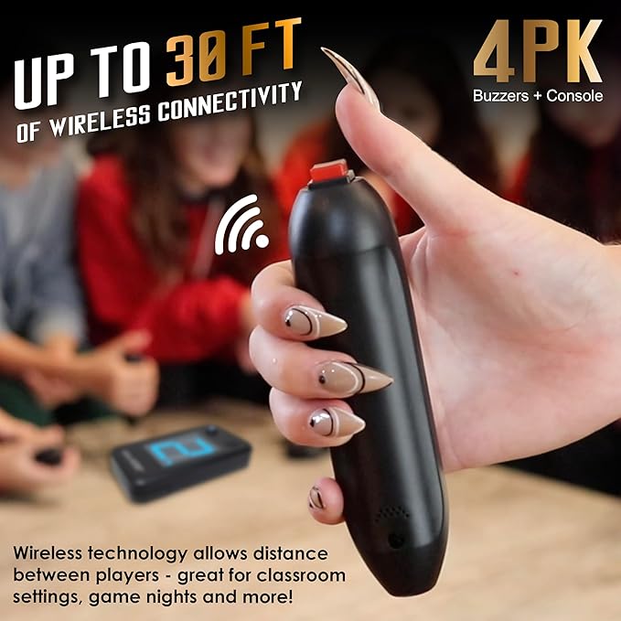Digital Energy Wireless Handheld Game Buzzer System - Console Displays First Buzz-in - Great for Jeopardy, Family Feud, Trivia and Buzzer Games - 4 Joystick Buzzers