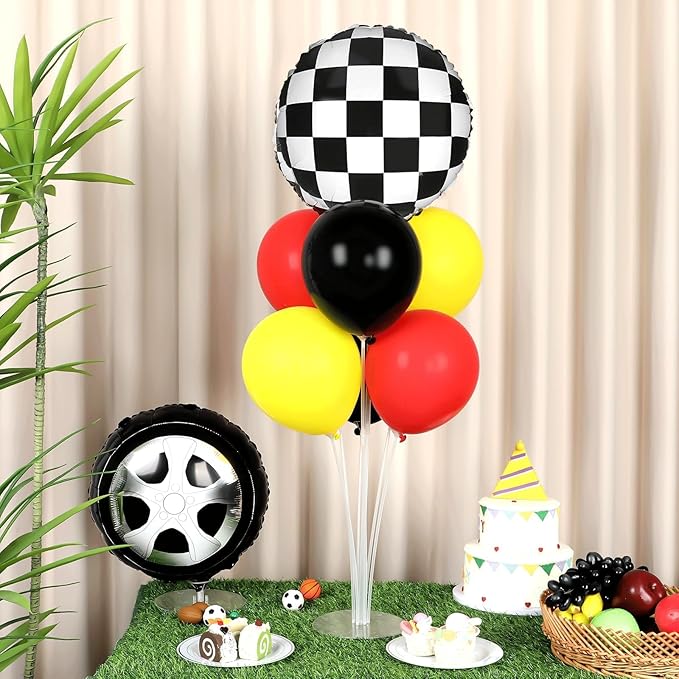 Race Car Party Balloons Stand Kit 2 Sets With 2 Checkered Foil Balloon Racing car Party Balloon Red Black Yellow Race Car Birthday Party Decor Set For Boys Let's go Racing New Year Party Decorations