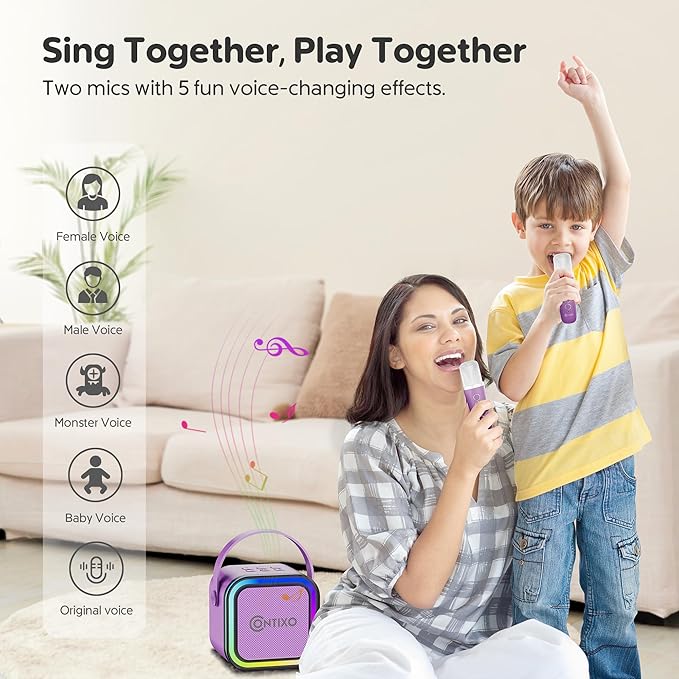 Contixo KS1 Mini Karaoke Machine for Kids, Portable Bluetooth Speaker with 2 Wireless Microphones & Dynamic Lights for Boys & Girls, Home Party Entertainment Toy (Purple)