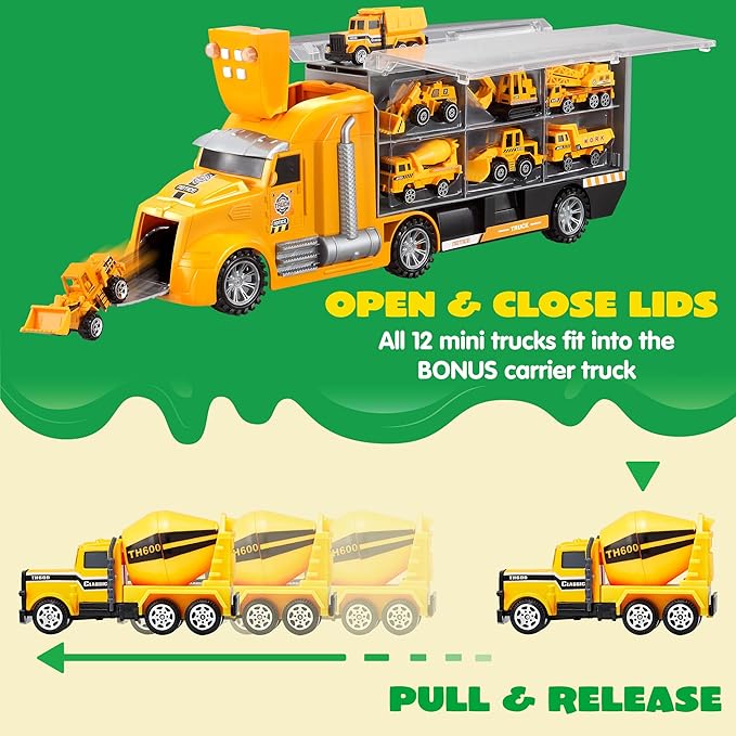 JOYIN 25 in 1 Kids Construction Truck Toy Set, 24Pcs Push and Go Cars and Worker Figures, Toddler Play Vehicles with Sounds and Light, Birthday Gifts for 3 4 5 6 7 Years Old Grandkids, Easter Basket