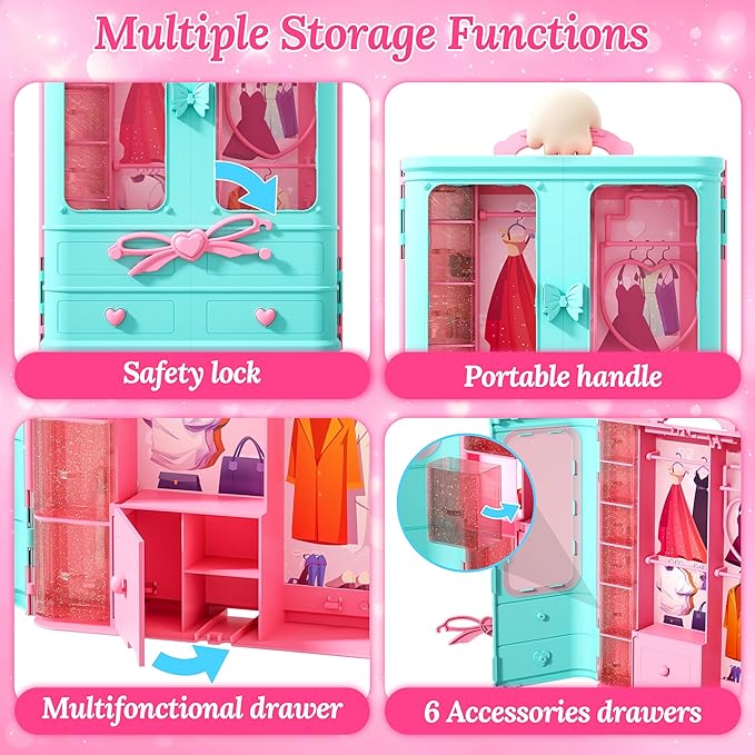 70 Pcs Doll Closet with Clothes & Accessories Set,2 Wedding Gowns 6 Fashion Dresses 2 Casual Outfits 2 Swimsuit 10 Shoes 20 Hanger 27 Accessories,Dress up Toys for Girls Kids Birthday Gift