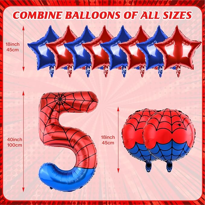 40 Inch Spider Theme Number Balloon, Number Block Foil Number 5 Balloons Large Big Numbers Helium Balloon for Girls Boys 5th Birthday Theme Party Decorations (Number 5)