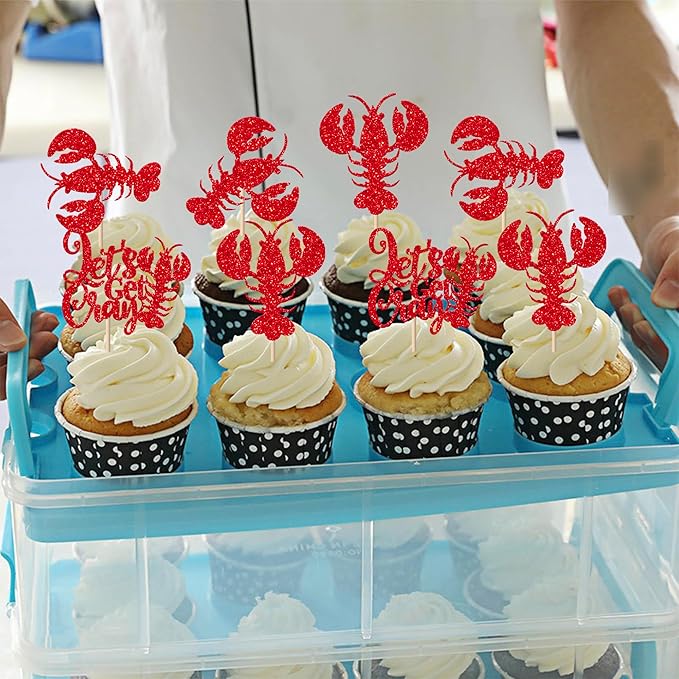 24 Pack Crawfish Cupcake Toppers Red Glitter Lobster Cupcake Picks Let's Get Cray Bachelorette Sea Animal Theme Baby Shower Kids Birthday Party Cake Decorations Supplies Red
