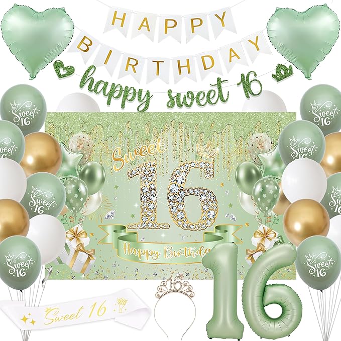 Sweet 16 Birthday Party Decorations for Girls - Sage Green 16th Happy Birthday Banner Heart Balloons Number 16, Photo Backdrop Crown Sash Party Supplies for Sixteen Years Old