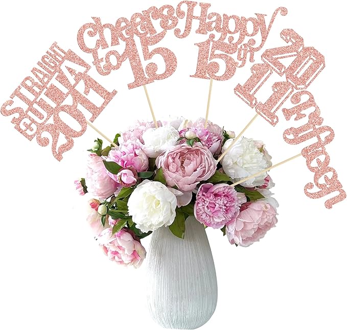 Gyufise 15Pcs Happy 15th Birthday Centerpiece Sticks Fifteen Straight Outta 2011 Table Flower Centerpieces Sticks for Cheers to 15th Birthday Party Supplies Rose Gold