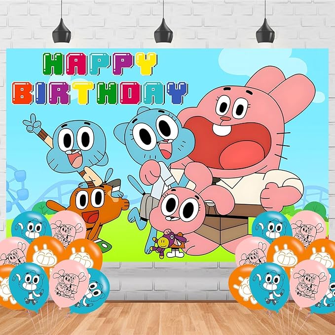 Amazing World of Gumball Birthday Decorations,Cartoon Gumball Backdrops for Party Decorations Supplies,Anime Happy Birthday Banner Backdrop for Party Supplies (5x3ft)