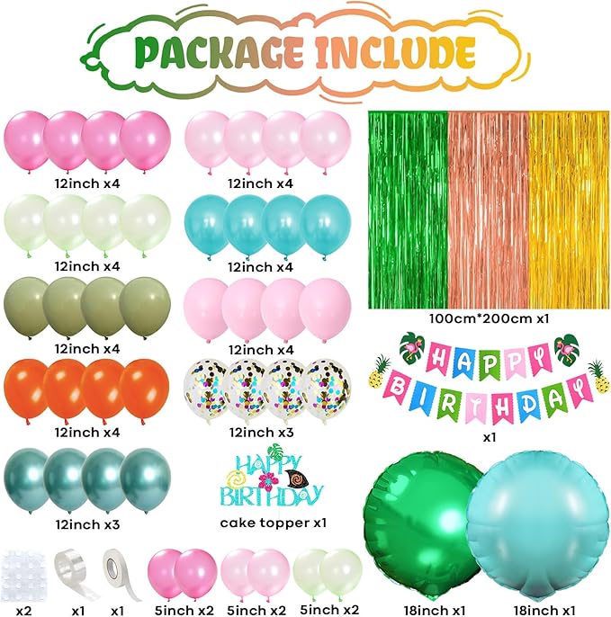 Hawaiian Tropical Birthday Party Decorations, Summer Luau Party Decoration Flamingo Birthday Banner Hot Pink Orange Teal Blue Green Metallic Balloons Cake Topper for Beach Baby Shower Aloha Supplies