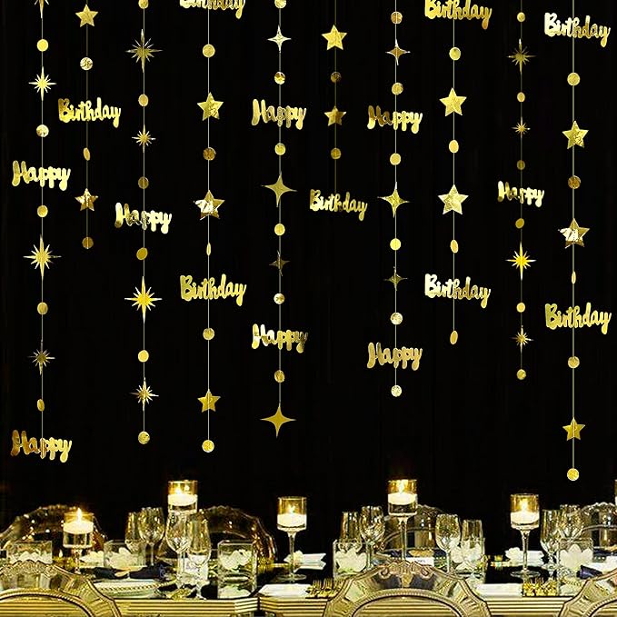 Gold Happy Birthday Decorations Happy Birthday Circle Dot Twinkle Star Garland Metallic Hanging Streamer Bunting Banner Backdrop for 1st 13th 16th 21st 30th 40th 50th 60th Birday Party Supplies