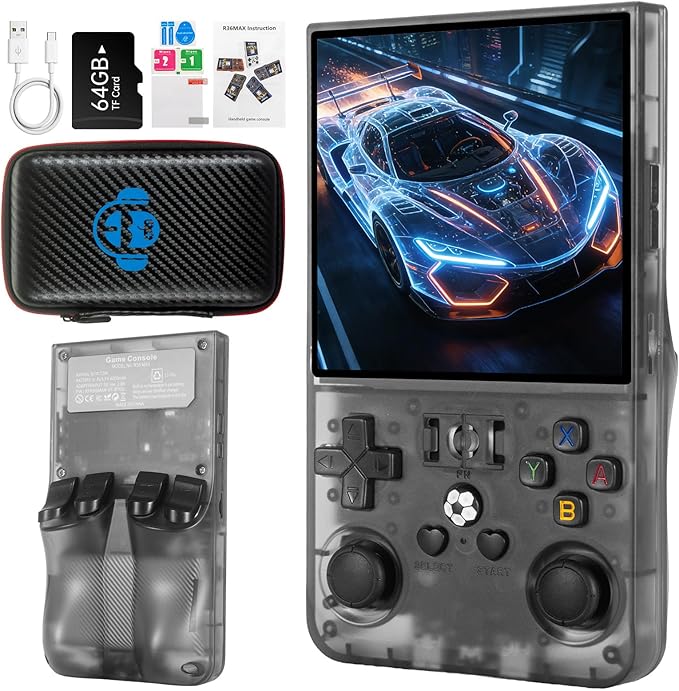 R36MAX Retro Handheld Game Console, 4.0 inch IPS HD Screen Retro Game Console with 4000mAh Battery, Portable Video Gaming Console with 64GB TF Card, Open Source Linux System, Support 30+ Emulators