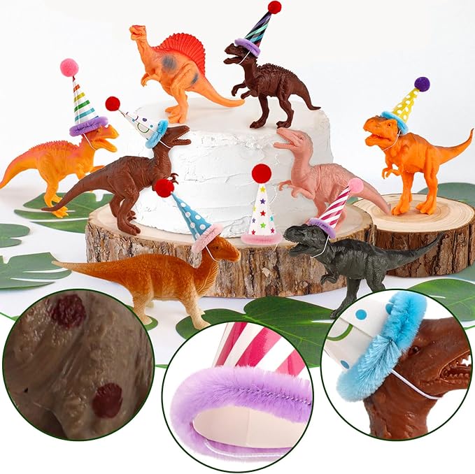 Hooqict 20Pcs Dinosaur Cake Decorations with Mini Birthday Party Hats Dinosaur Cake Topper for Kids Boys Girls Wild Animals Dino Themed Birthday Party Decorations Supplies
