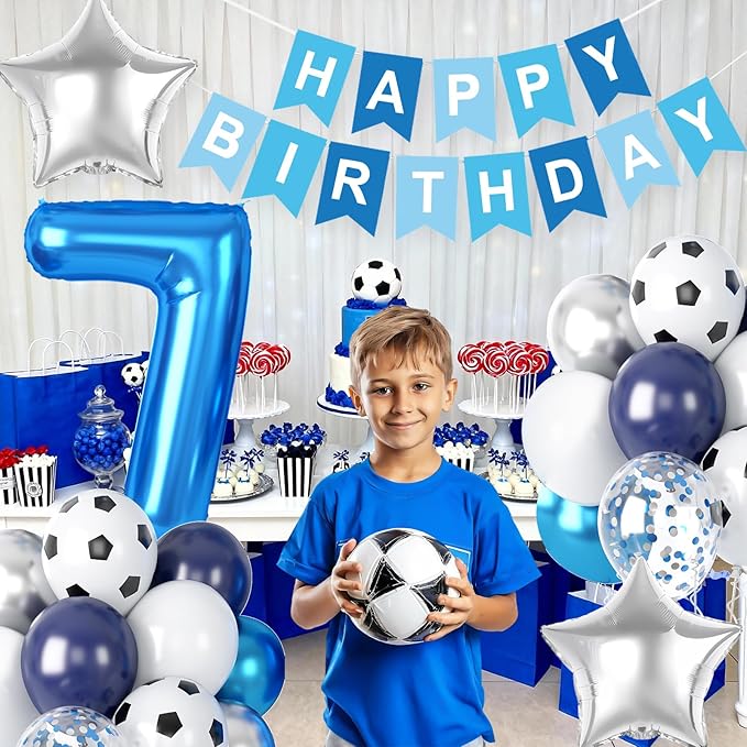7th Soccer Birthday Party Decorations for Boys, Soccer Theme Party Decorations with Blue White Silver Balloons 'HAPPY BIRTHDAY' Banner 32in Foil 7 Balloon for Boy Kids Men Birthday Baby Shower Decor