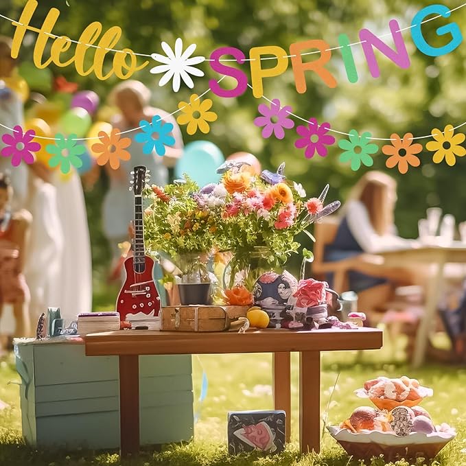 Hello Spring Banner Colorful Glitter Spring Wildflower Banner Garland, Springtime Theme Party Decorations for Home, Springtime Easter Theme Party Decorations, Indoor Outdoor Mantel Fireplace Hanging Decor