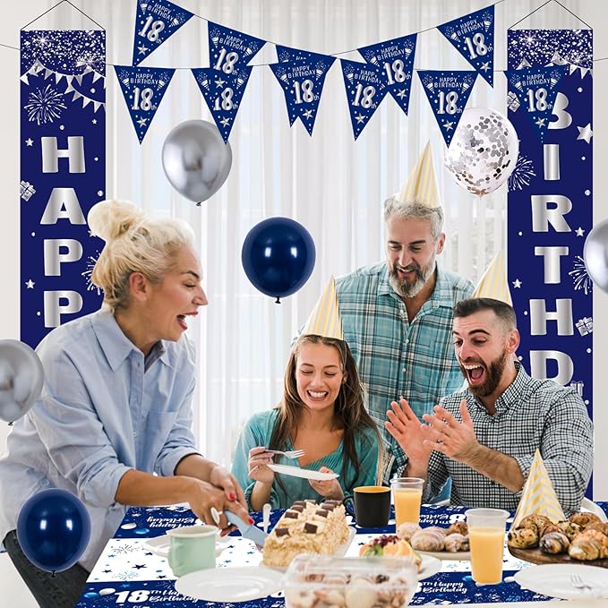 18th Birthday Decorations for Boys and Girls Blue, Happy 18th Birthday Door Backdrop Banner Balloons 18 Years Old Birthday Porch Sign Party Supplies with Latex Balloons Decor 18th Bday Boy Her Him