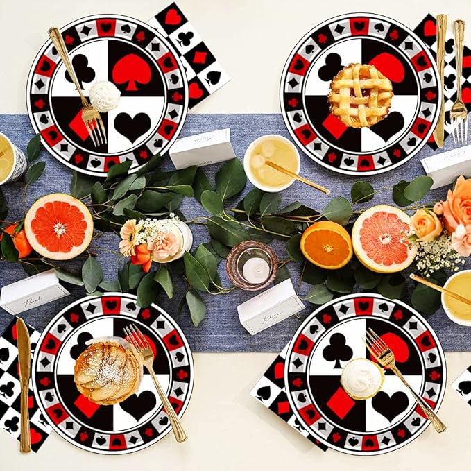 60Pcs Casino Party Supplies Poker Tableware Set 7"Poker Paper Plates and Casino Napkins Fork for Casino Night Poker Game Themed Poker Card Playing Club Heart Casino Birthday Party Decorations(Serve20)
