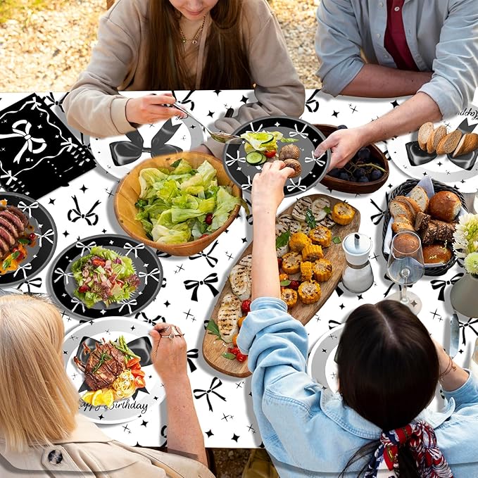 Black Bow Birthday Party Supplies Girl Coquette Birthday Party Decorations Includes Black Bow Plates Napkins Cups Tablecloth Banner for Bow Theme Party Decorations, Serve 24