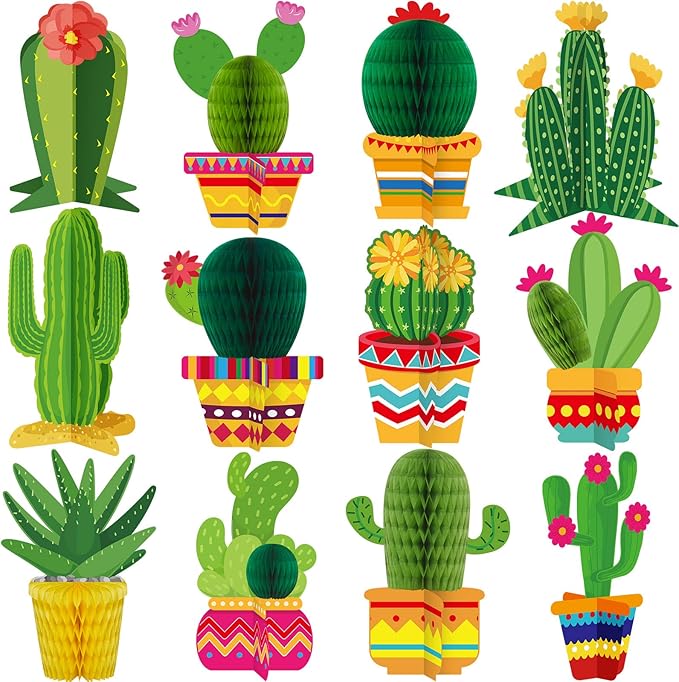 Zonon 12 Pcs Cactus Party Decorations Mexico Back to School Honeycomb Table Centerpieces Mexican Garland Cutouts for Fiesta Baby Shower Favor Cactus Theme Classroom Birthday Party Supplies
