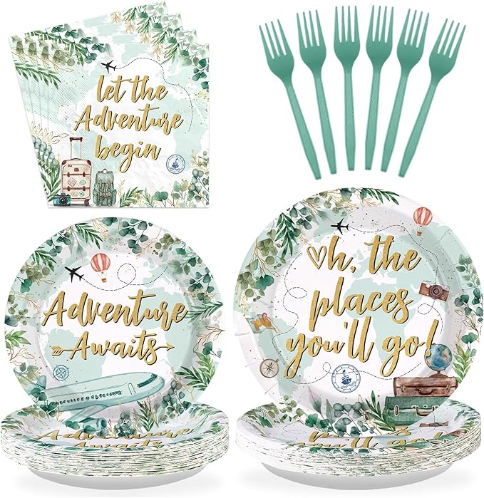 96Pcs Adventure Awaits Party Decorations Greenery Eucalyptus Travel Themed Plates and Napkins Let The Adventure Begin Baby Shower Party Decorations for Voyage Farewell Birthday Supplies Serves 24