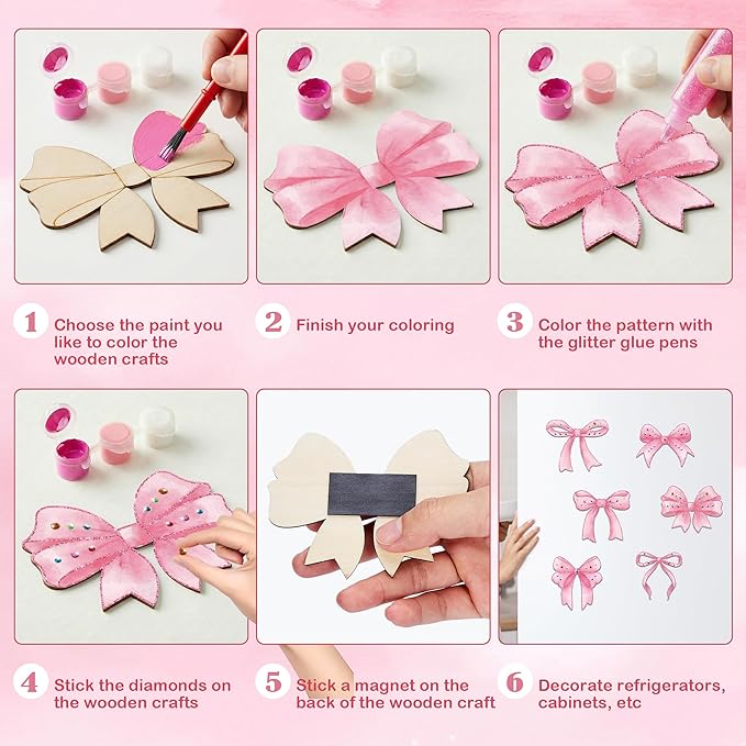 24 Sets Pink Bow Party Favors, DIY Wooden Bows Painting Crafts Kit with Magnets, Coquette Bow Birthday Decorations, Pink Bows Birthday Party Supplies Gifts Goodie Bags Stuffers Prizes