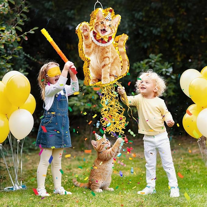 WERNNSAI Cat Piñata - Orange Cat Birthday Decorations Pull String Piñata Bundle with Blindfold and Bat Cute Animal Party Game for Kids Girls Kitten Party Supplies