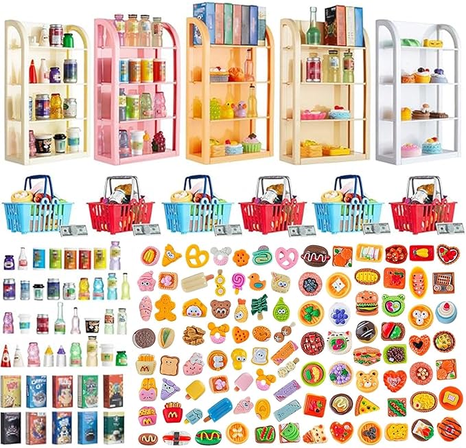 164pcs Miniature Supermarket Shelves Furniture Model 4 Layers Shelf Display Rack Doll House Accessory Storage Bookshelf Accessories Mini Locker Decor Food Drink Bottle Toy Cosplay Game Party
