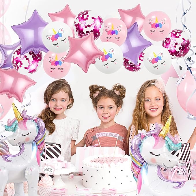 16 Pcs Unicorn Balloons Kit for Birthday Party Decorations - 2 Self Standing 3D Foil Unicorns, 4 Stars & 10 Printed Latex with Tying Tool (No Helium Needed)