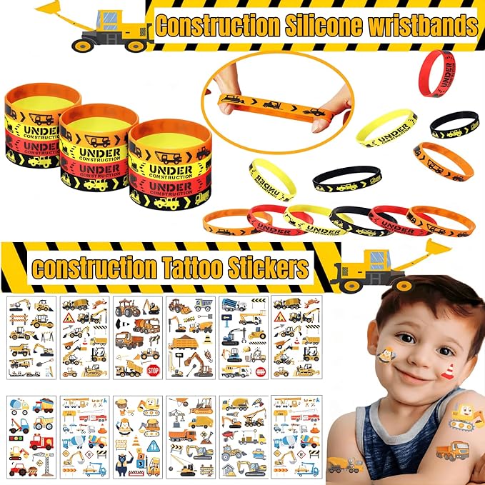 208PCS Construction Birthday Party Favors,construction birthday party supplies,excavator birthday decorations-Available for 12 People.