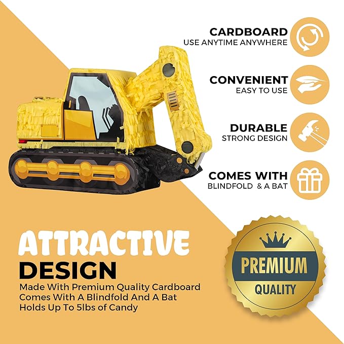 Excavator Pinatas Bundle with a Blindfold and Bat (16.5x11x4.7 inch), Pinata for Construction Theme Birthday Parties, Boys Birthday Party Supplies, Decoration