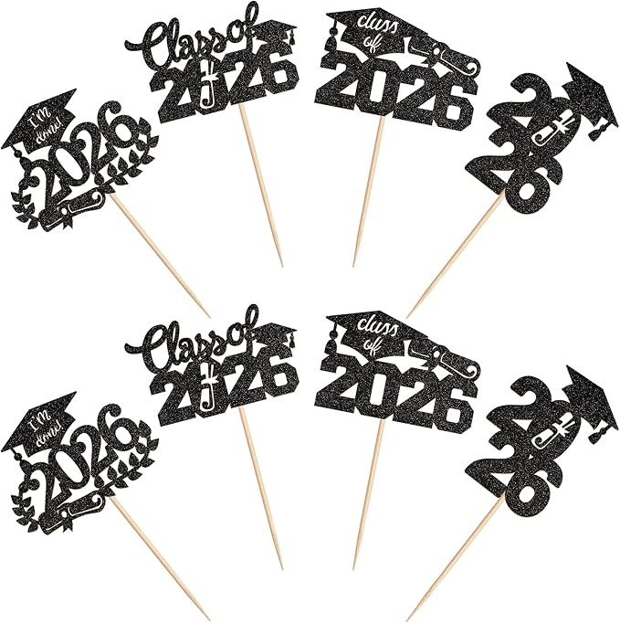 Graduation Cupcake Toppers 2026 Food/Appetizer Picks For Graduation Party Mini Cake Decorations 2026 Cupcake Toppers 24 Pcs (black)