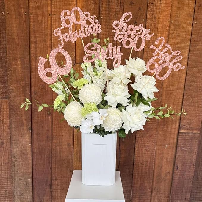Gyufise 15Pcs 60th Birthday Centerpiece Sticks Sixty Happy 60th Table Flower Centerpieces Sticks Cheers to 60 Floral Decorations for 60th Birthday Party Centerpieces Supplies Rose Gold