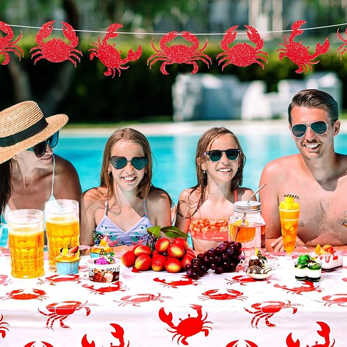 Juexica 4 Pcs Crab Boil Party Decorations 54 x 108 Inch Plastic Crab Table Cloth and 5.91 Ft Banners for Seafood Boil Party Supplies Crawfish Feast Birthday Ceiling Decorations Table Centerpiece
