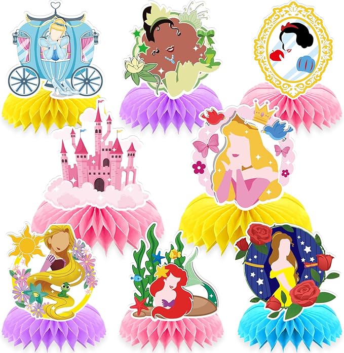 8Pcs Girl Princess Birthday Party Supplies, Princess Girl Honeycomb Centerpieces Seven Girls Theme 3D Table Decorations