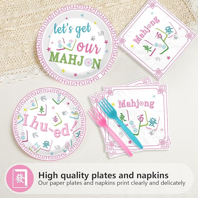 96Pcs Mah-jong Party Supplies Mah Jong Plates and Napkins Mah-jongg Chinese Game Tableware Set for Asian-Themed Gatherings Game Nights Bridal Showers Birthday Party Supplies Serves 24