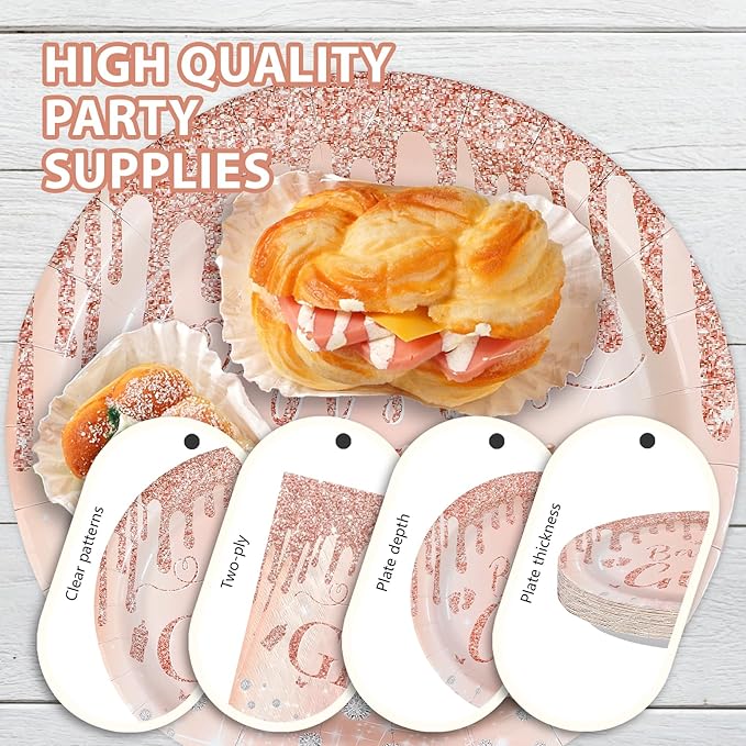 96Pcs It's a Girl Baby Shower Party Supplies Diamond Rose Gold Plates and Napkins Pink Gold Theme Disposable Paper Tableware Set for Girl Gender Reveal Baby Shower Party Decoration Serves 24