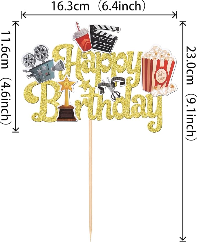 1 PCS Movie Happy Birthday Cake Topper Glitter Roll Camera Video Recorder Popcorn Movie Night Cake Pick for Hollywood Theme Film Festival Baby Shower Birthday Party Cake Decorations Supplies Gold